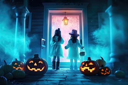 On a Halloween evening, children in costumes eagerly gather around the mysteriously glowing door of an old house for a night of trick-or-treat fun. illustration created by Generative AIの素材