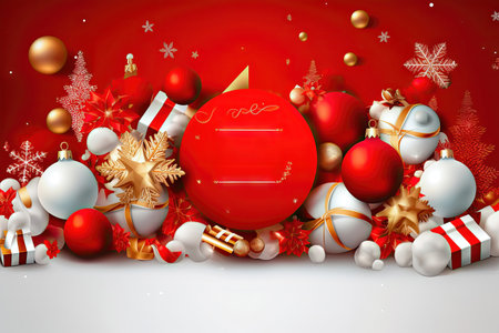 Create a merry atmosphere with this sparkling Christmas scene adorned with vibrant balls, leaving plenty of room for adding your personalized text or greetings. copyspace. illustration created by Generative AIの素材