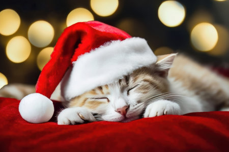 Captured in a heartwarming moment, a ginger-spotted kitten dozes off amidst the Christmas enchantment. The adorable feline wears a Santa hat and is nestled among holiday decorations, set against a background of blurred lights and bokeh. illustration created by Generative AIの素材