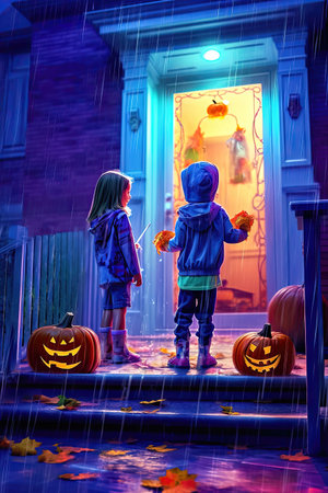 As the Halloween night unfolds, the glowing door of an old house becomes a focal point of children's excitement and anticipation for trick-or-treating. illustration created by Generative AIの素材