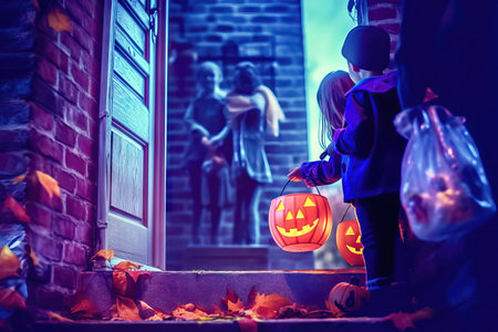 Dressed as various characters, kids gather at the glowing door of an old house, ready to embark on a night of Halloween fun and adventure. illustration created by Generative AIの素材