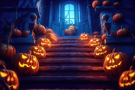 Vibrant and cheerful Halloween pumpkins with glowing smiles, arranged on the steps leading to the front door. Perfect for adding a festive touch to your Halloween decorations. illustration created by Generative AIの素材