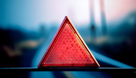 An emergency sign stands prominently against a blurred backdrop of a busy roadway, serving as a clear cautionary marker for passing motorists. illustration created by Generative AIの素材