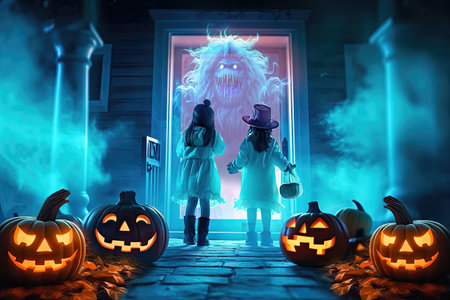 A group of excited children on Halloween night, dressed in costumes, gathering for trick-or-treat at the mysteriously glowing door of an old house. illustration created by Generative AIの素材