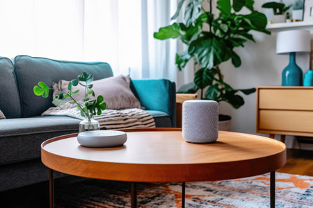 Experience the fusion of technology and design with this modern sound system seamlessly integrated into a stylishly furnished room. Immerse yourself in high-quality audio while surrounded by modern smart home aesthetics. illustration created by Generative AIの素材