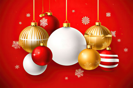 Spread joy and warmth with this elegant Christmas-themed image, boasting gleaming ball ornaments and an inviting space for your text or announcements. copyspace. illustration created by Generative AIの素材