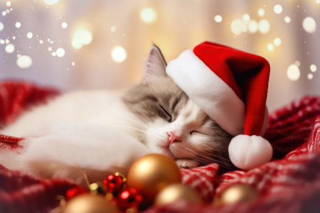 In a scene that exudes holiday charm, a precious gray-spotted kitten takes a nap amidst Christmas magic. The kitten wears a Santa hat and rests among festive decorations, all framed by a background of softly blurred lights and bokeh. illustration created by Generative AIの素材