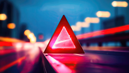 Amidst the blur of city traffic, an emergency sign shines brightly, reminding us of the need for vigilance and safety on the road. illustration created by Generative AIの素材