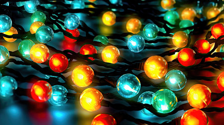 Breathe elegance and festive cheer into your projects with this Christmas backdrop. The bright colorful elements of the Christmas tree garland shine against the soft bokeh, creating a truly charming scene. illustration created by Generative AIの素材