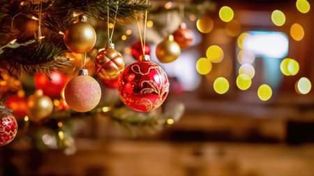Create a captivating atmosphere with this Christmas background showcasing beautifully adorned balls and lush branches of a Christmas tree. The blurred bokeh background adds depth and magic. illustration created by Generative AIの素材