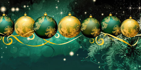 Infuse elegance into your creative ventures with this enchanting image of Christmas balls and tree branches, set against a green backdrop adorned with sparkling bokeh. illustration created by Generative AIの素材