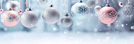 Add a touch of holiday sparkle to your creative and advertising endeavors with this festive Christmas background. The soft bokeh effect beautifully complements the arrangement of balls and snowflakes. illustration created by Generative AIの素材