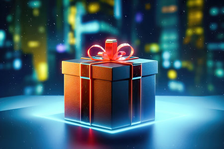 Infuse joy into the moment with this kaleidoscope of colors in the form of a beautifully wrapped gift box, complete with a festive ribbon and bow. illustration created by Generative AIの素材