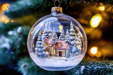 Radiate holiday magic with this luminous Christmas ball set against the shimmering backdrop of a tree adorned in bokeh lights, a symbol of joy and celebration. illustration created by Generative AIの素材