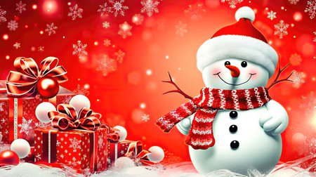 Capture the whimsy of the season with this delightful depiction of a snowman wearing a Santa Claus hat, accompanied by a collection of beautifully wrapped gift boxes. Infuse your projects with festive magic. illustration created by Generative AIの素材
