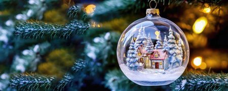 Captivate the spirit of the season with this exquisite image of a transparent Christmas ball gracefully adorned on a festive tree background, enhanced by enchanting bokeh lights. illustration created by Generative AIの素材