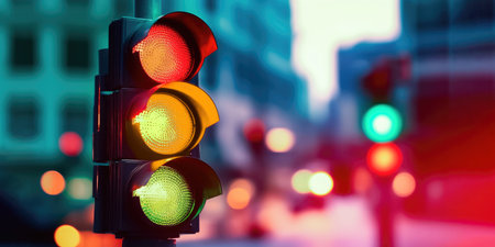 The spectrum of colors from a glowing traffic light stands out against the blurred cityscape, painting a mesmerizing scene of urban ambiance. This picture captures the intersection of technology and urban living. illustration created by Generative AIの素材