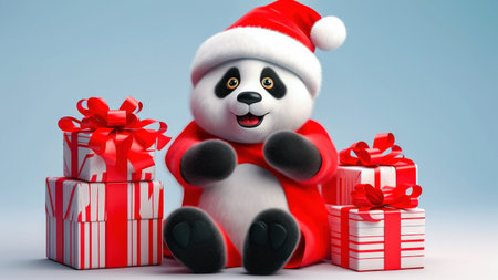 Capture the magic of Christmas with this endearing scene featuring a panda wearing a Santa Claus hat, seated next to a beautifully adorned gift box. The image radiates the joy and magic of the holiday season. illustration created by Generative AIの素材