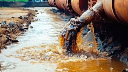 Explore the issue of environmental contamination as a broken pipe emits toxins, endangering the ecosystem. This scene brings attention to the negative impact of industrial waste. illustration created by Generative AIの素材