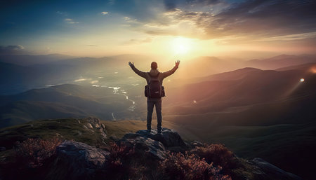 Experience the taste of victory with a silhouette of a human figure standing on the mountain's peak, hands raised in triumph. This image encapsulates the spirit of overcoming challenges. illustration created by Generative AIの素材