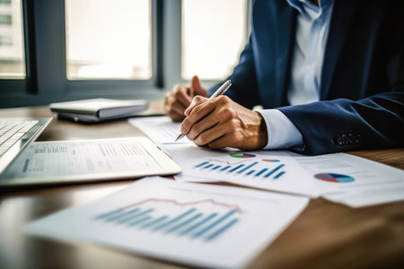 In this image, a man wearing a business suit engages in a thorough examination of financial papers, meticulously scrutinizing graphs and significant details. His careful analysis highlights the strategic importance of financial insights. illustration created by Generative AIの素材