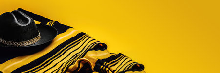 Add a touch of Mexican festivity to your creative works using the traditional sombrero hat and poncho cape featured on a cheerful yellow background. copyspace. illustration created by Generative AIの素材