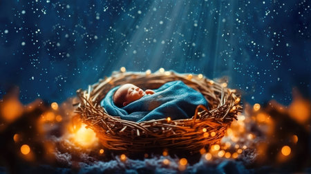 Experience a sacred moment as baby Jesus lies in a manger, intricately woven from vines, and bathed in the ethereal glow of mystical light. This biblical scene captures the essence of spiritual reverence and awe. illustration created by Generative AIの素材