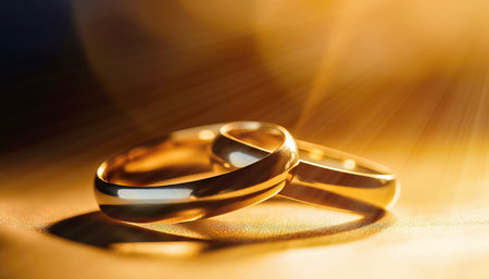 Capture the essence of everlasting love with this exquisite image of two gleaming gold wedding rings bathed in radiant light. Perfect for crafting invitations, commemorating wedding anniversaries, and celebrating special moments of unity. illustration created by Generative AIの素材