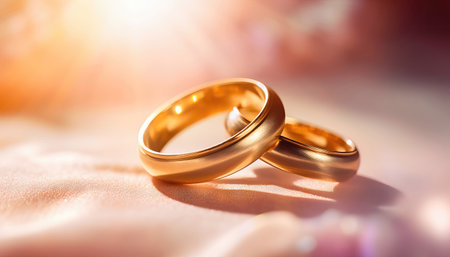 Illuminate your special occasions with the symbol of eternal love - two shimmering gold wedding rings basking in luminous beams of light. Ideal for creative projects, invitations, and events dedicated to weddings and anniversaries. illustration created by Generative AIの素材