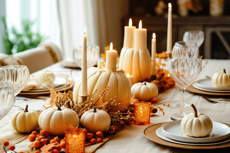 Create a warm and inviting ambiance with this original festive table setting featuring vibrant pumpkins, autumn plants, and rich berries as charming decor elements. Perfect for fall gatherings and special occasions. illustration created by Generative AIの素材
