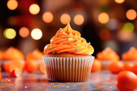 Savor the joy of festivities with this delectable cupcake adorned with citrus slices and velvety cream. The bokeh background creates a celebratory atmosphere. illustration created by Generative AIの素材