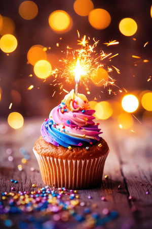 Indulge in a sweet celebration with this captivating cupcake featuring creamy goodness, tempting sweets, and a glowing candle. The bokeh background enhances the festive atmosphere. illustration created by Generative AIの素材