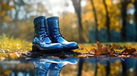 Capturing the spirit of the rainy season, this image features rubber boots beside a puddle, reflecting the picturesque autumn surroundings. illustration created by Generative AIの素材