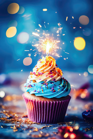 Experience the magic of culinary art with this festive cupcake adorned with luscious cream, artistic sweets, and a flickering candle. The bokeh background enhances the enchanting scene. illustration created by Generative AIの素材
