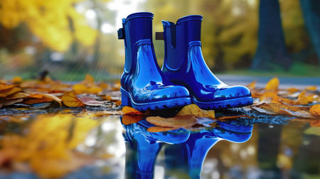 In this image, a pair of rubber boots is positioned next to a puddle, set against the tranquil beauty of an autumn landscape. Symbolizing the arrival of the rainy season. illustration created by Generative AIの素材