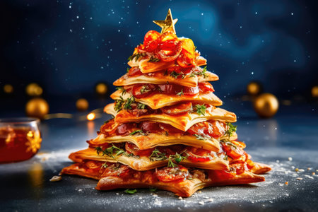 Celebrate the season with a mouthwatering surprise - a pizza designed as a festive Christmas tree. Savor every bite of this culinary masterpiece against a blurred backdrop featuring bokeh lights. illustration created by Generative AIの素材