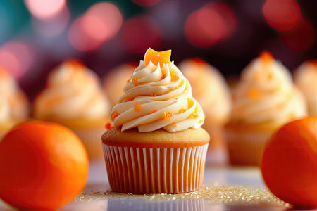 Delight in elegance and flavor with this exquisite cupcake featuring creamy textures and zesty citruses. The blurred bokeh background adds a festive ambiance. illustration created by Generative AIの素材