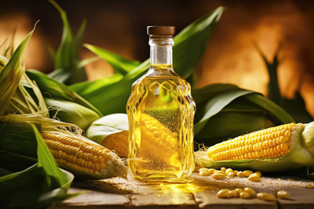 This picturesque scene features a bottle of corn oil set amidst a rustic farm field adorned with ripe corn ears. It's a visual celebration of farm-to-table goodness. illustration created by Generative AIの素材
