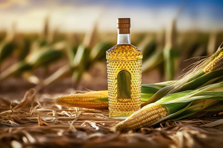 A visually striking composition featuring a bottle of golden corn oil framed by the vibrant greenery of a cornfield. Ideal for promoting farm-fresh products. illustration created by Generative AIの素材