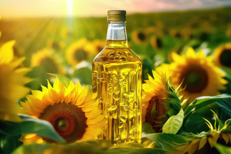 Discover the richness of this golden sunflower oil amidst a backdrop of beautiful sunflower blossoms. illustration created by Generative AIの素材
