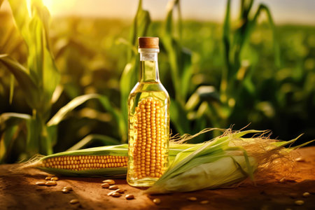 A bottle of golden corn oil positioned against the backdrop of a lush field and ripe ears of corn. This image embodies the essence of natural, healthy cooking. illustration created by Generative AIの素材