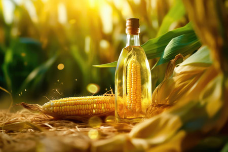 A bottle of corn oil takes center stage in this farm landscape, surrounded by the beauty of a cornfield. Perfect for advertisements and marketing materials. illustration created by Generative AIの素材