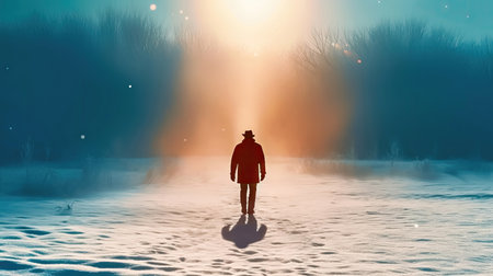 A brightly lit silhouette of a human figure stands alone in the midst of a serene snowy winter landscape, creating a captivating and serene scene of solitude and tranquility. illustration created by Generative AIの素材