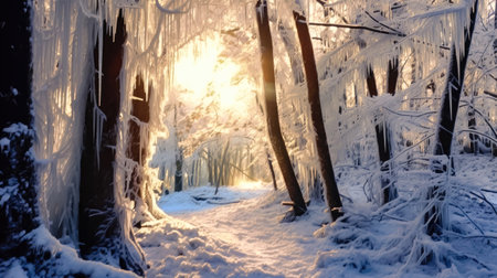 Bask in the warm embrace of winter sunlight as it touches a snowy forest, park, and frozen trees. A captivating winter landscape awaits. illustration created by Generative AIの素材