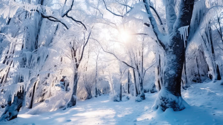 Experience the magic of winter with a sunlit forest, frozen trees, and a snow-covered grove. A tranquil and captivating snowy landscape. illustration created by Generative AIの素材