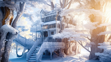 Step into a frozen fantasy world with this incredible ice-covered treehouse. Surrounded by a pristine snowy landscape, this fairytale setting is a dream come true. illustration created by Generative AIの素材