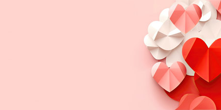 Express your creativity with these unique handmade paper art decorations, featuring white and red hearts motifs. copy space. illustration created by Generative AIの素材