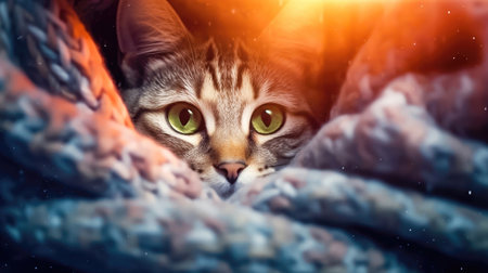 Witness the cat's cold weather hideaway as it peeks out from a warm knitted blanket, providing a heartwarming image of coziness. illustration created by Generative AIの素材