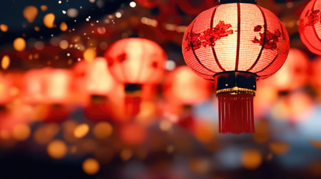 An enchanting display of Chinese lanterns soaring into the air, creating a luminous spectacle during the Chinese Lunar New Year festivities. illustration created by Generative AIの素材