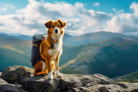 Witness a charming dog's enthusiasm for adventure in the midst of stunning mountain landscapes. This image portrays the magic of exploring nature with your four-legged companion. copy space. illustration created by Generative AIの素材